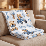 Personalised Watercolor Hot Air Balloon Teddy Bear Soft Throw Blanket with Name Home Decor Daily Use Birthday Christmas Gift for Kids Boys Girls