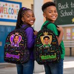 Sac à dos personnalisé avec photo et nom - Ciel étoilé et personnage de dessin animé noir - Cadeau de rentrée pour enfant
