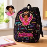 Sac à dos personnalisé avec photo et nom - Ciel étoilé et personnage de dessin animé noir - Cadeau de rentrée pour enfant