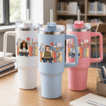 Personalised Reading Cartoon Character Photo 40 oz Insulated Tumbler with Name and Handle Daily Use Birthday Gift for Family Friends Book Lovers