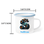 Personalized Cartoon Mermaid Excavator Dinosaur Race Car Truck Initial 12 oz Enamel Mug with Name Kindergarten Daily Use Birthday Gift for Kids