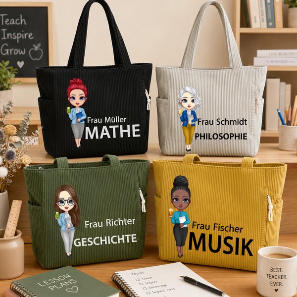 Personalisierte Cartoon-Lehrer große Tragetasche | aus Cord | mit Text und Studienfach | Schulanfang Geburtstag Geburtstag Geschenk für Lehrkräfte