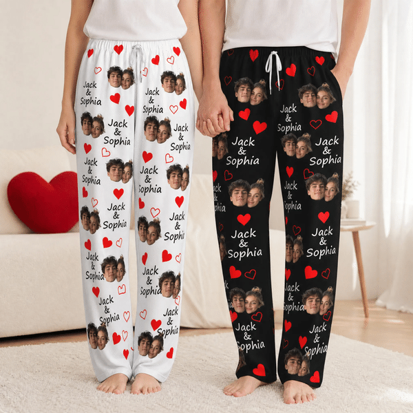 Personalized Multicolor Heart Couple Photo Pajama Pants with Names Birthday Anniversary Gift for Couple
