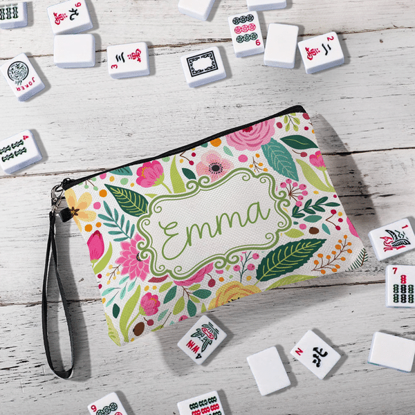 Personalized Portable Colorful Artistic Floral Monogram Linen Mahjong Bag Pouch with Zipper and Name Game Night Club Gift for Mahjong Lovers