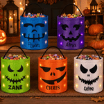 Personalized Colorful Spooky Face LED Light Bucket Bag with Name Trick or Treat Activity Halloween Party Gift for Halloween Lover Kids