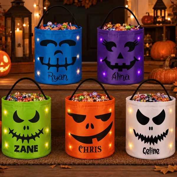 Personalized Colourful Spooky Face LED Light Bucket Bag with Name Trick or Treat Activity Halloween Party Gift for Halloween Lover Kids
