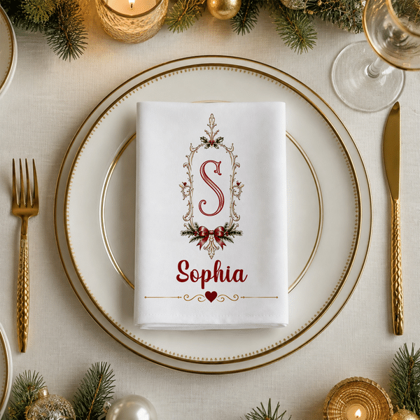 Personalized Retro Frame Bow Initial 100% Cotton Christmas Napkin with Name Table Decoration Holiday Christmas Gift for Family Kids
