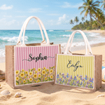 Sac fourre-tout personnalisé à grande capacité, rayé, aux couleurs des fleurs de naissance, avec prénom – Cadeau d'anniversaire ou de Noël pour une femme ou une meilleure amie