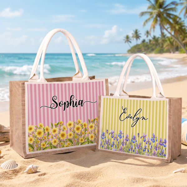 Sac fourre-tout personnalisé à grande capacité, rayé, aux couleurs des fleurs de naissance, avec prénom – Cadeau d'anniversaire ou de Noël pour une femme ou une meilleure amie