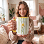 Personalized Watercolor Stripe Birth Flower Name 11 oz 15 oz Ceramic Mug with Coaster Daily Home Office Use Birthday Gift for Her