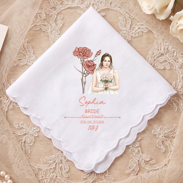 Personalised Watercolor Style Photo Birth Flower 100% Cotton Wedding Handkerchief with Names and Text Wedding Party Gift for Bride Groom Newlywed