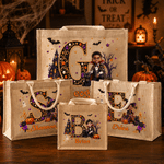 Personalised 3D-Effect Artwork Halloween Witch Vampire Character Photo Large Capacity Jute Bag with Initial and Name Halloween Gift for Kids