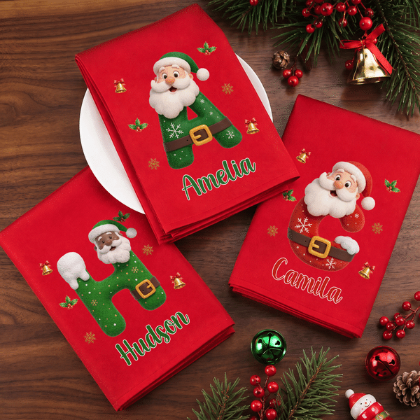Servilleta de algodón 100 % con diseño personalizado de Papá Noel de dibujos animados con iniciales y nombre, ideal como regalo de Navidad para la familia y los amigos en las reuniones familiares