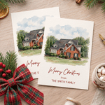 Gepersonaliseerde wenskaart met aquarelfoto: portret voor een nieuw huis, met tekst – cadeau voor een housewarming, jubileum of Kerstmis voor nieuwe huiseigenaren en pasgetrouwden