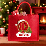 Borsa tote in juta rossa a grande capienza con iniziale personalizzata a tema natalizio e nome: regalo per feste natalizie per familiari, amici e bambini