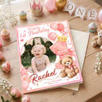 Personalized Happy 1st Birthday Baby Photo Cute Bear Greeting Card with Name and Text Family Party Birthday Gift for Baby Mom Dad