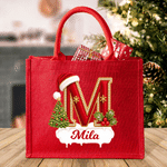 Borsa tote in juta rossa a grande capienza con iniziale personalizzata a tema natalizio e nome: regalo per feste natalizie per familiari, amici e bambini