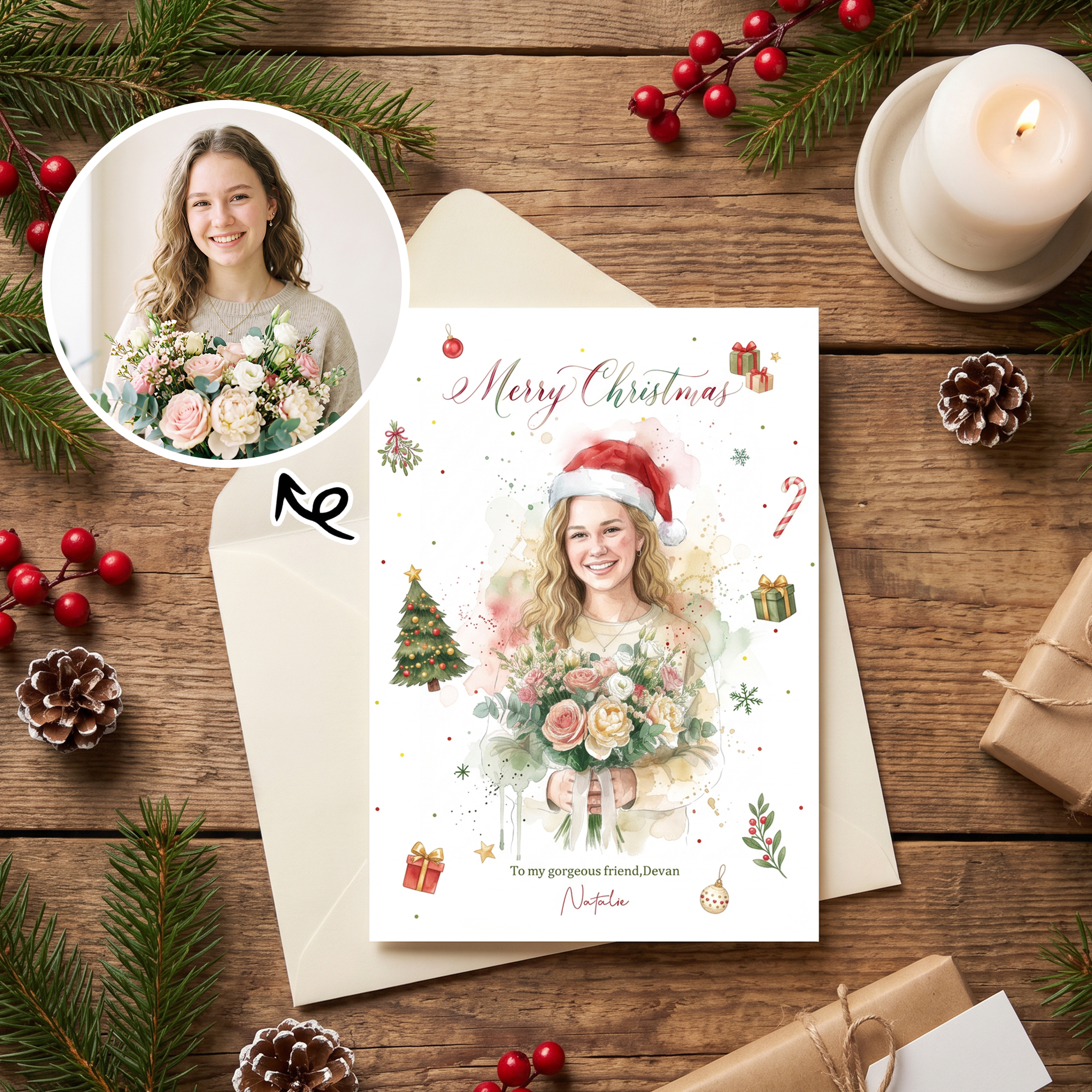 Personalisierte Weihnachts-Fotogrußkarte im Aquarellstil mit Namen und Text – Weihnachtsgeschenk für Familie und Freunde