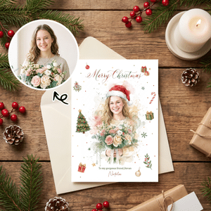 Personalized Watercolor Christmas Theme Photo Greeting Card with Name and Text Christmas Gift for Family Friends