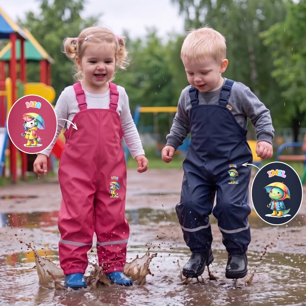 Personalised Cartoon Animal Mud Proof Kids Rain Bib Pants with Name and Adjustable Shoulder Strap Outdoor Use Back to School Gift for Kid Student 9