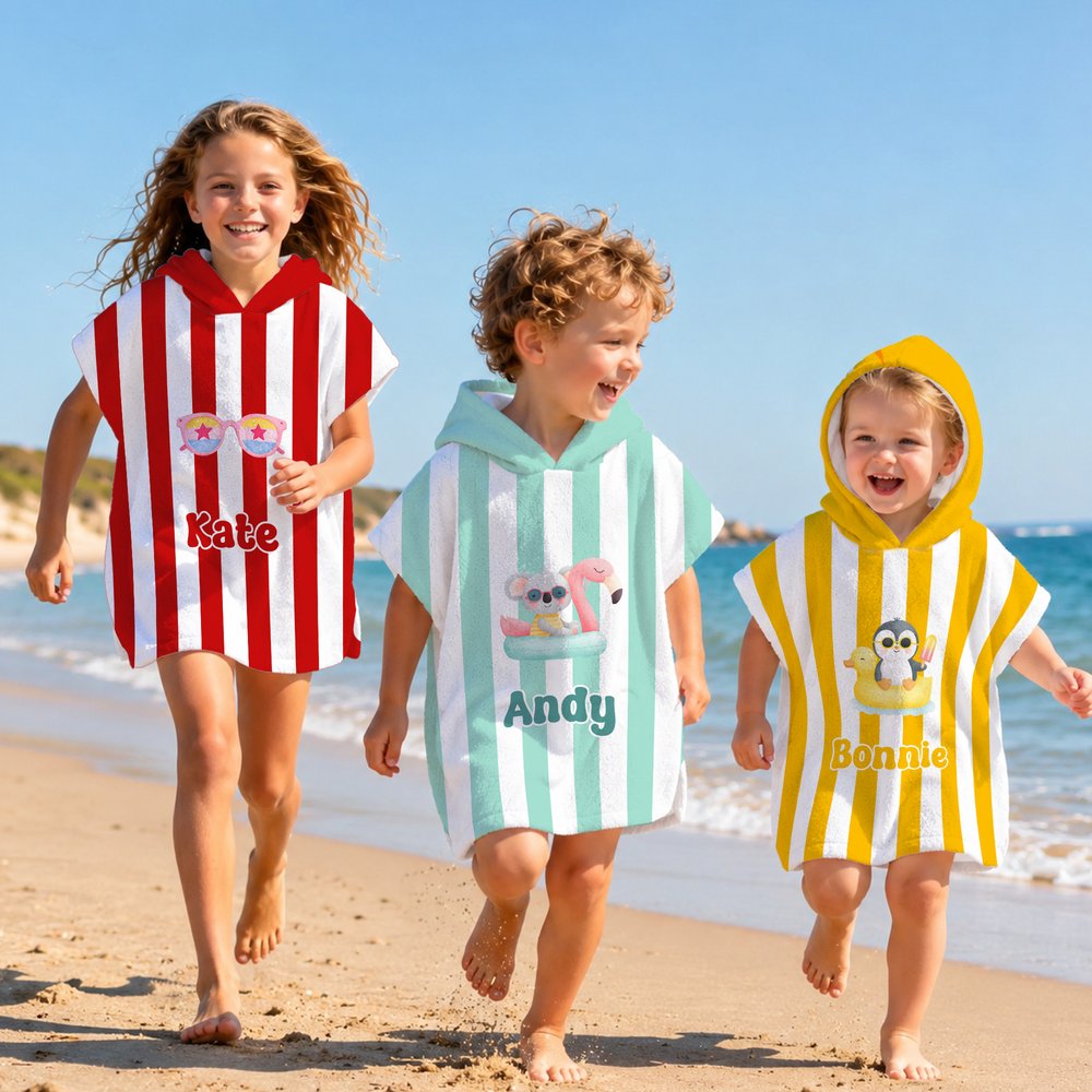 Personalized Cute Cartoon Pattern Multicolor Stripe Quick Drying Hooded Beach Towel with Name Travel Beach Use Birthday Gift for Kids Family 5