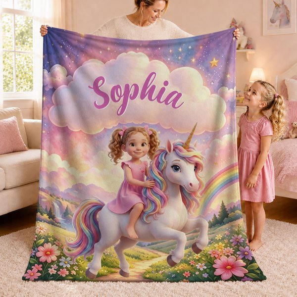 Personalised 3D Cartoon Clouds Fantasy Unicorn Soft Throw Blanket with Name Photo Children's Day Birthday Gift for Girl Kids