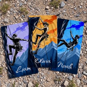 Asciugamano sportivo personalizzato, super assorbente con silhouette multicolore di arrampicata e nome - Regalo di compleanno per scalatori