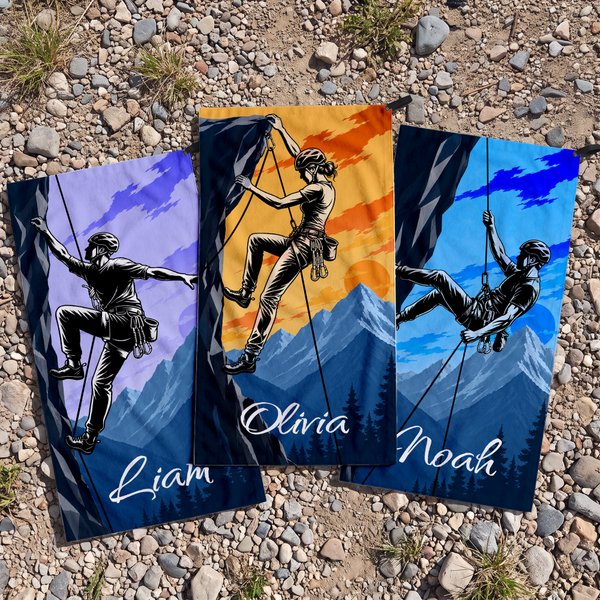Personalized Multicolor Outdoor Rock Climbing Silhouette Super Absorbent Sports Towel with Name Birthday Gift for Rock Climbing Lover