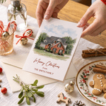 Gepersonaliseerde wenskaart met aquarelfoto: portret voor een nieuw huis, met tekst – cadeau voor een housewarming, jubileum of Kerstmis voor nieuwe huiseigenaren en pasgetrouwden