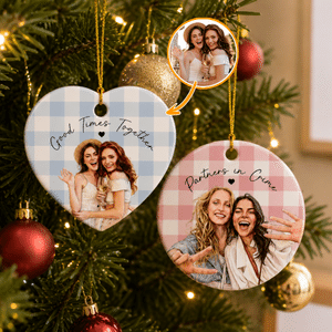 Personalised Vintage Watercolor Besties Photo Checkered Style Ceramic Ornament with Text Home Decor Christmas Gift for Besties Friends