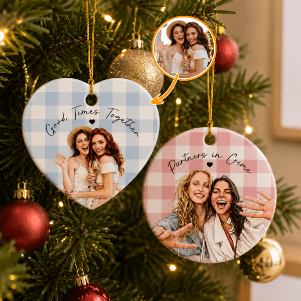 Personalized Vintage Watercolor Besties Photo Checkered Style Ceramic Ornament with Text Home Decor Christmas Gift for Besties Friends