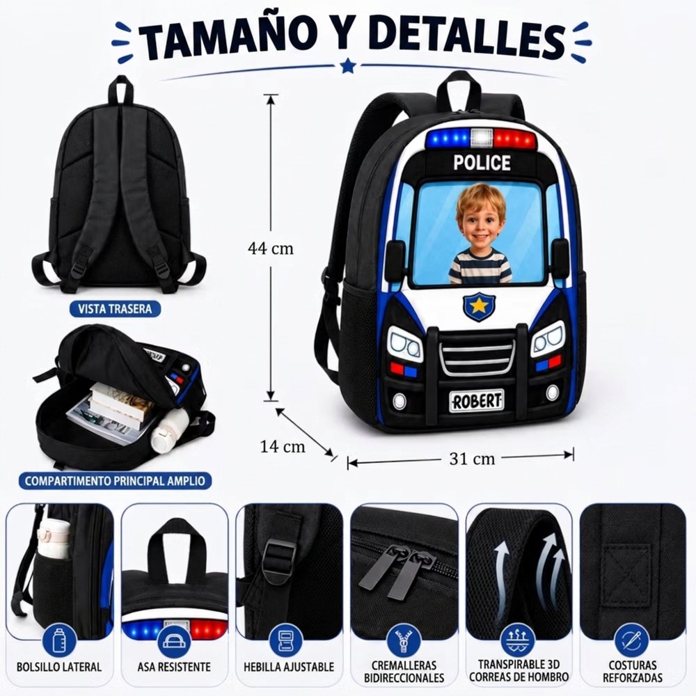 Mochila personalizada con foto efecto 3D diseño de vehículos y nombre gran capacidad regalo de vuelta al cole y cumpleaños para niños y niñas 9
