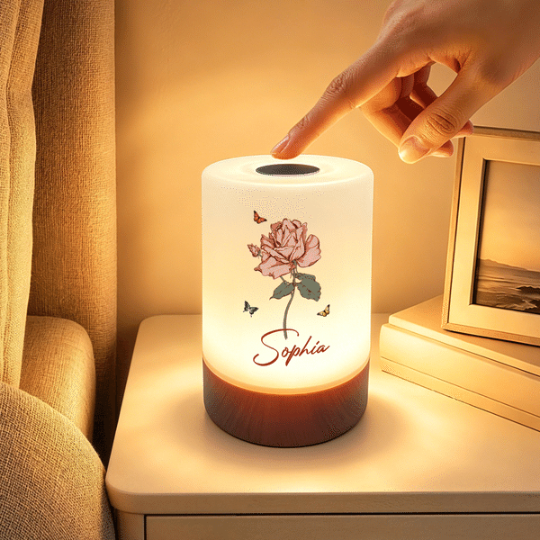 Personalised Vintage Birth Flower Dimmable Touch Control Rechargeable Night Light with Name Bedroom Decor Birthday Housewarming Gift for Women Friends