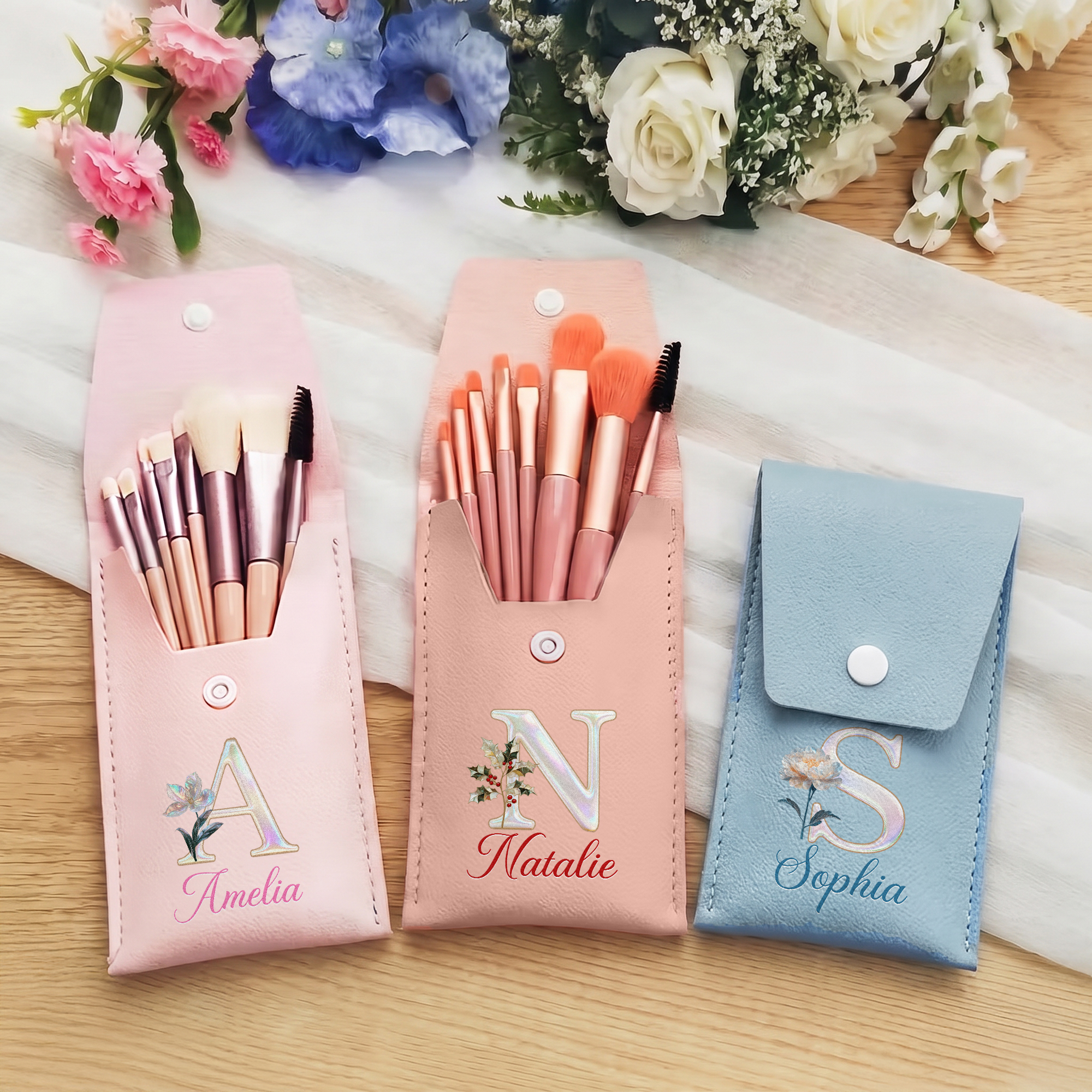 Personalised Birth Flower Mother of Pearl Initial PU Leather Makeup Brush Bag Cosmetic Brush Set with Name Birthday Party Gift for Women