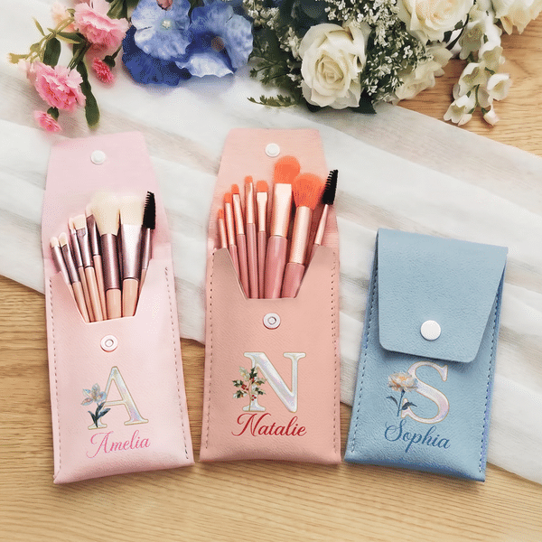 Personalized Birth Flower Mother of Pearl Design Initial Makeup Brush Bag Cosmetic Brush Set with Name Birthday Party Gift for Women
