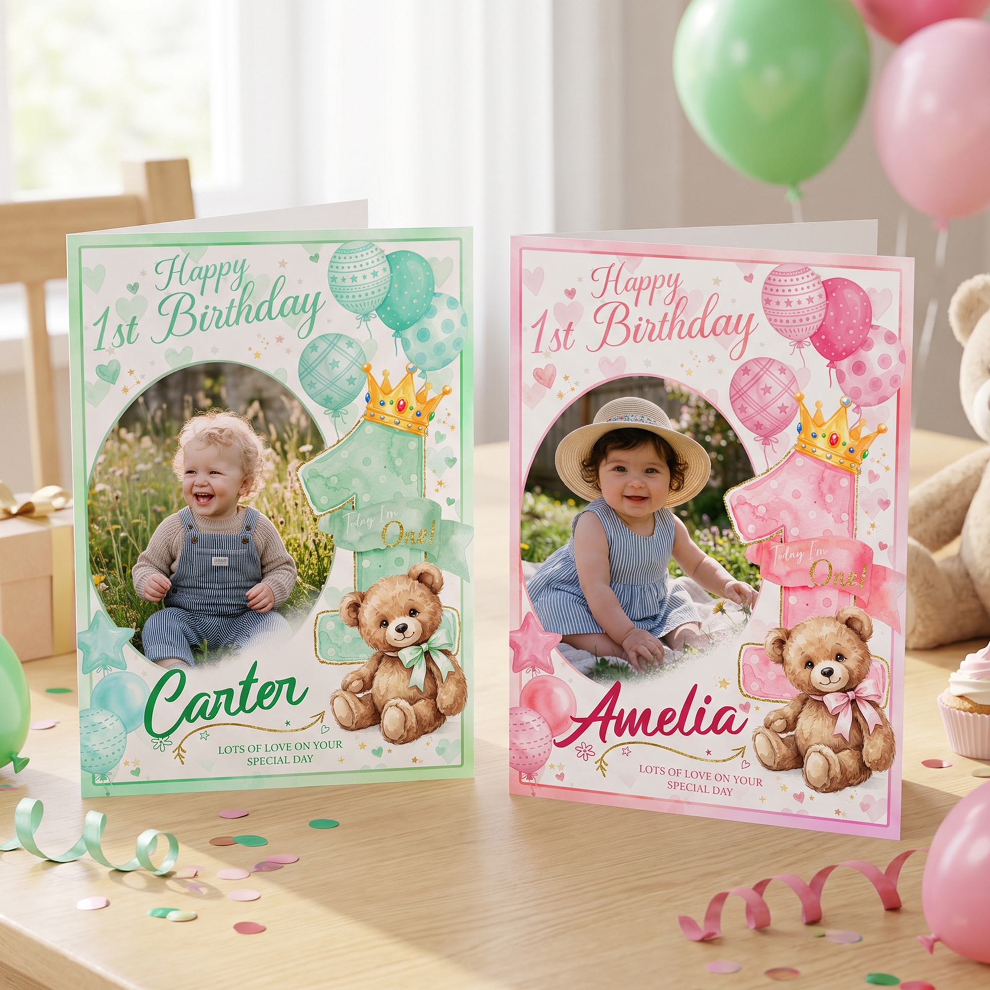 Individuell gestaltete Grußkarte zum 1. Geburtstag mit Babyfoto und niedlichem Bären, mit Namen und Text – Familienfeier, Geburtstagsgeschenk für Baby, Mama und Papa