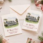 Gepersonaliseerde wenskaart met aquarelfoto: portret voor een nieuw huis, met tekst – cadeau voor een housewarming, jubileum of Kerstmis voor nieuwe huiseigenaren en pasgetrouwden