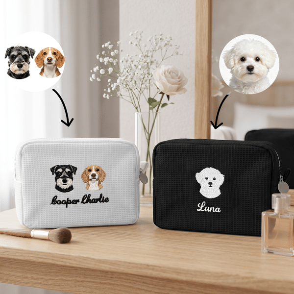 Personalized Embroidered Pet Portrait Large Capacity Waffle Cosmetic Toiletry Bag with Photo and Name Daily Use Birthday Gift for Pet Owners