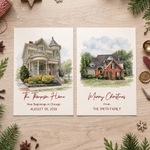 Gepersonaliseerde wenskaart met aquarelfoto: portret voor een nieuw huis, met tekst – cadeau voor een housewarming, jubileum of Kerstmis voor nieuwe huiseigenaren en pasgetrouwden