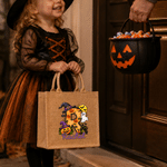 Personalized Halloween Theme Initial Large Capacity Jute Tote Bag with Name Halloween Party Gift for Family Friends Kids