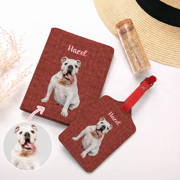 Personalized Cute Pet Portrait PU Leather Passport Holder  Luggage Tag Set with Name Travel Accessory Birthday Gift for Pet Lover