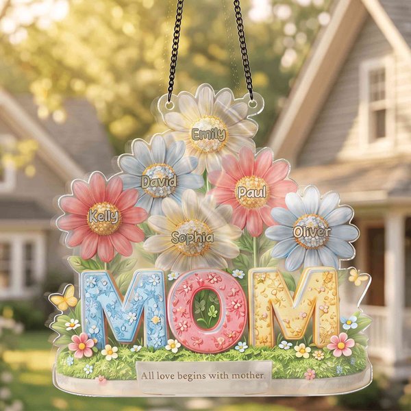Personalized 3D-Effect Artwork 1-6 Kids’ Names & Flowers Mom Acrylic Hanging Ornament with Text Window Hanging Birthday Gift for Mom