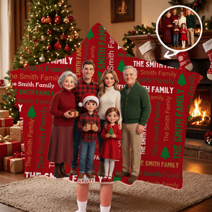 Coperta con cappuccio personalizzata con illustrazione multicolore ad effetto 3D, nuvola di parole, foto in stile cartone animato e testo – Decorazione per la casa, regalo di Natale per familiari e am