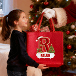 Borsa tote in juta rossa a grande capienza con iniziale personalizzata a tema natalizio e nome: regalo per feste natalizie per familiari, amici e bambini