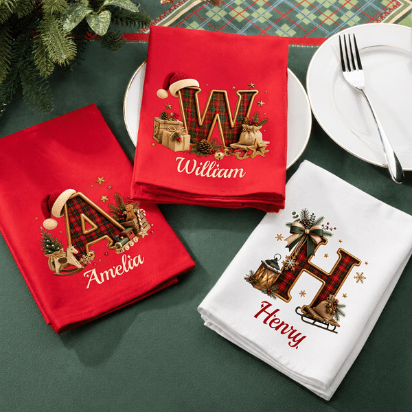 Personalized Plaid Christmas Hat Initial 100% Cotton Red Christmas Napkin with Name Table Decor Christmas Gift for Family Friends