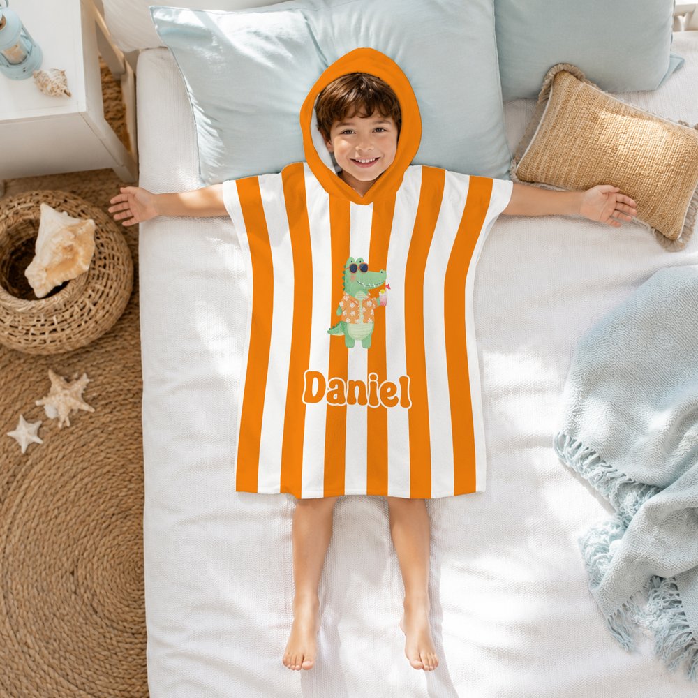 Personalized Cute Cartoon Pattern Multicolor Stripe Quick Drying Hooded Beach Towel with Name Travel Beach Use Birthday Gift for Kids Family 7