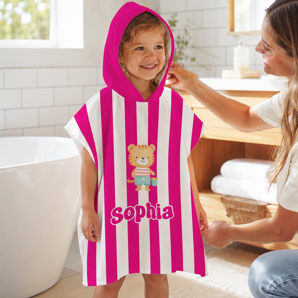 Personalized Cute Cartoon Pattern Multicolor Stripe Quick Drying Hooded Beach Towel with Name Travel Beach Use Birthday Gift for Kids Family 8