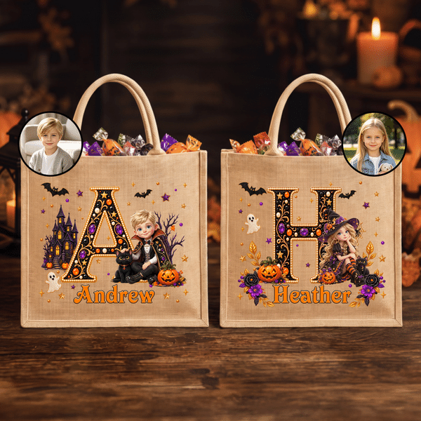 Personalised 3D-Effect Artwork Halloween Witch Vampire Character Photo Large Capacity Jute Bag with Initial and Name Halloween Gift for Kids