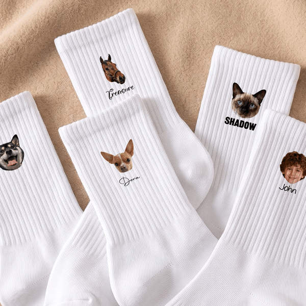 Personalised Funny Pet Character Face Photo Cosy Warm Quart Crew Socks with Name Birthday Gift for Friends Pet Lovers