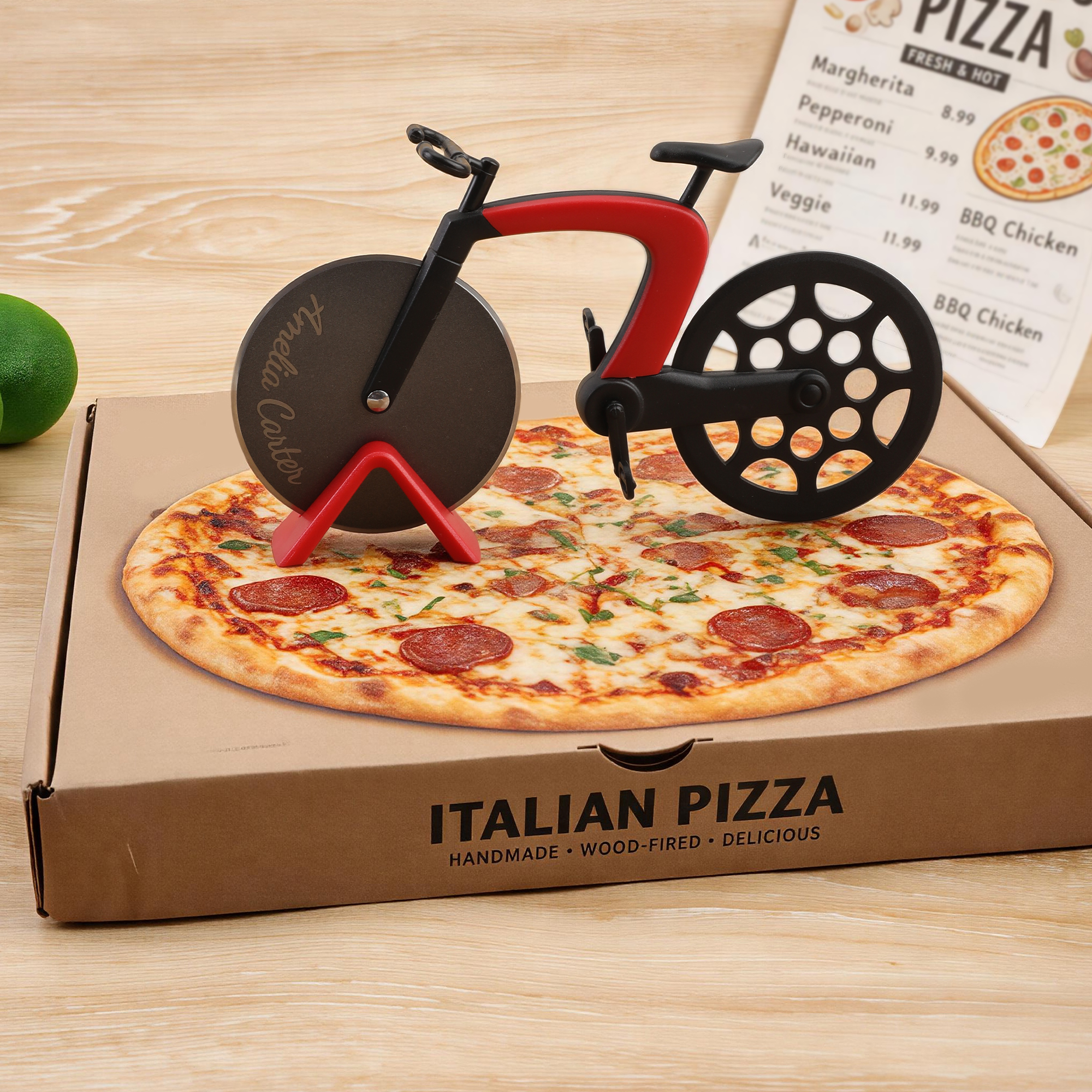 Personalised Multicolour Creative Bicycle Pizza Cutter with Text Kitchen Gadget Home Cooking Birthday Gift for Cycling & Pizza Enthusiasts